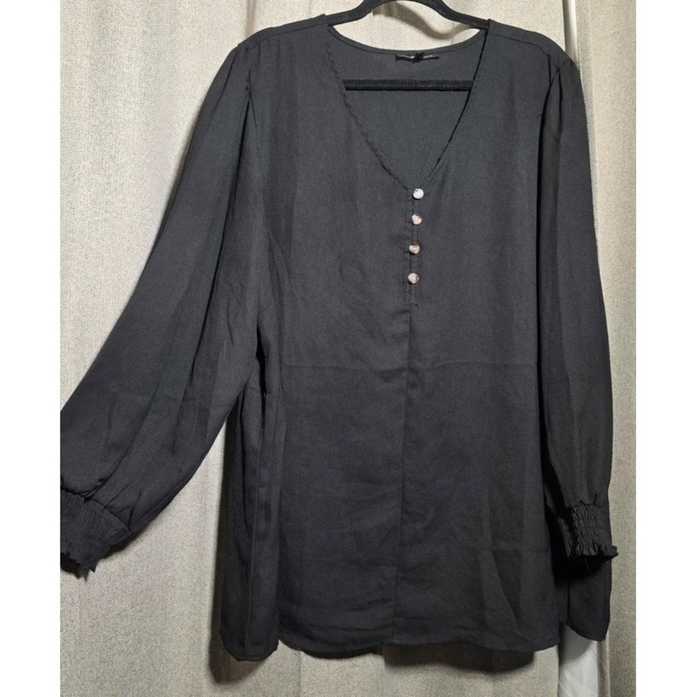 New Glory Womens Black Scalloped V-Neck Smocked Cuff Long Sleeve Blouse